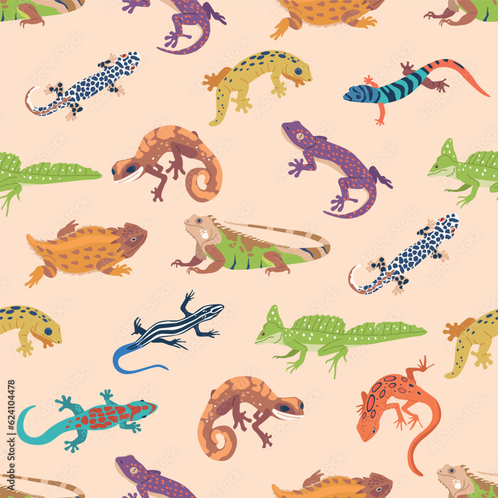 Exotic Lizard and Varans Seamless Pattern. Vibrant And Captivating Repeated Design Featuring Variety Of Colorful Lizards Exotic Lizard and Varans Seamless Pattern. Vibrant And Captivating Repeated Design Featuring Variety Of Colorful Lizards