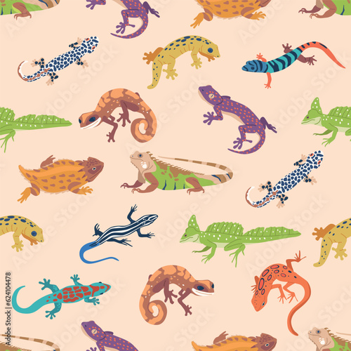 Exotic Lizard and Varans Seamless Pattern. Vibrant And Captivating Repeated Design Featuring Variety Of Colorful Lizards