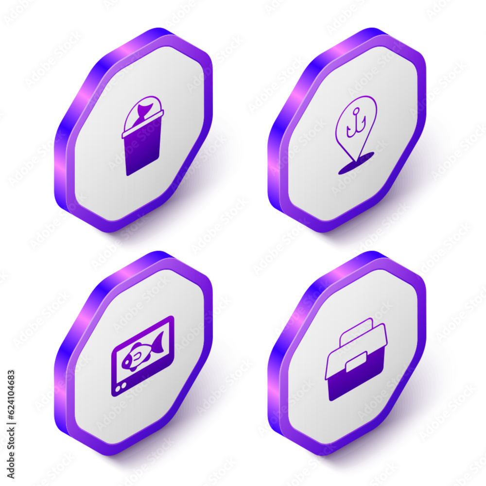 Set Isometric Fishing bucket with fish, hook, finder echo sounder and Case or box for fishing icon. Purple hexagon button. Vector Set Isometric Fishing bucket with fish, hook, finder echo sounder and Case or box for fishing icon. Purple hexagon button. Vector