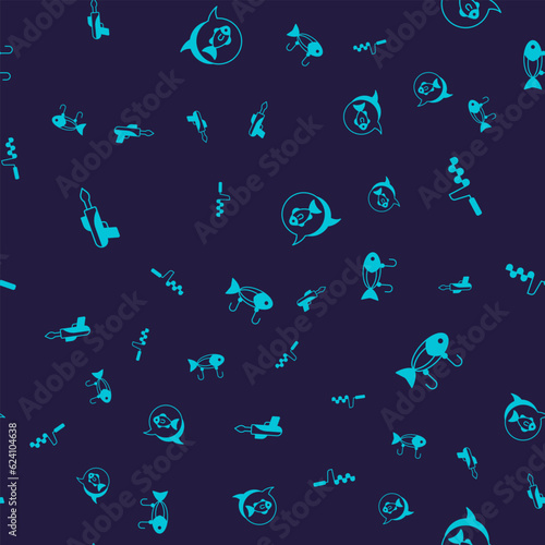 Set Fishing harpoon, Hand ice drill, and lure on seamless pattern. Vector