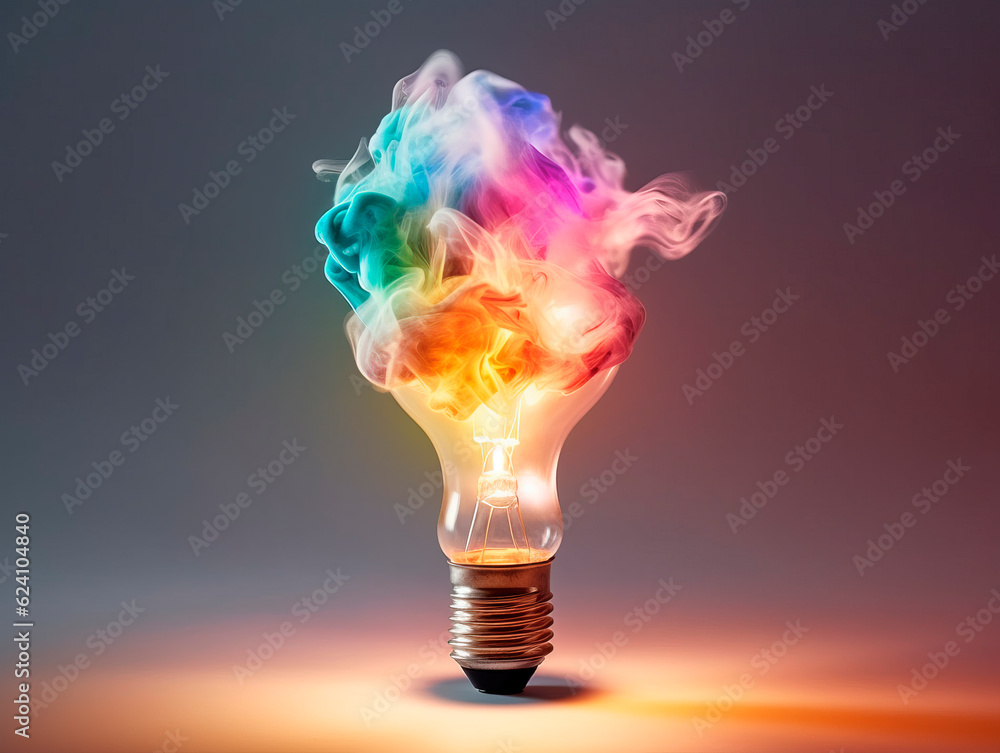 A colorful light bulb shines with creative brilliance, symbolizing ideas. Rainbow colors smoke. Creative idea concept. AI generative illustration art. A colorful light bulb shines with creative brilliance, symbolizing ideas. Rainbow colors smoke. Creative idea concept. AI generative illustration art.