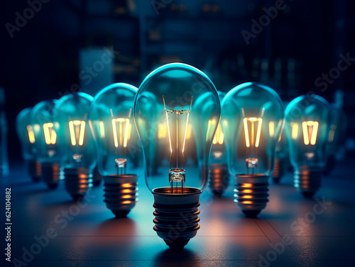 A group of Multiple retro-style light bulbs in a dark room, casting a nostalgic glow. They create a captivating vintage ambiance. Idea concept. Teamwork. AI generative illustration.