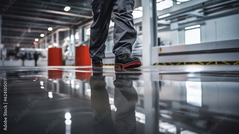 Fototapeta premium The worker applies gray epoxy resin to the new floor