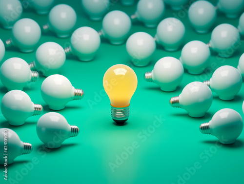 Many white light bulbs, capturing attention with one distinct bulb glowing in yellow. Symbolic of the significance of differentiation and the power of choice. The concept of Idea. AI generative.