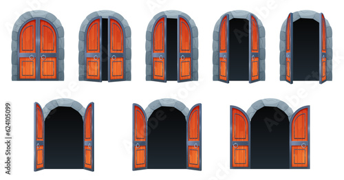 Castle door open, animation set vector illustration. Cartoon isolated ajar and closed wooden vintage gates, opening sequence of brown double doors inside stone arch of doorway in medieval dungeon