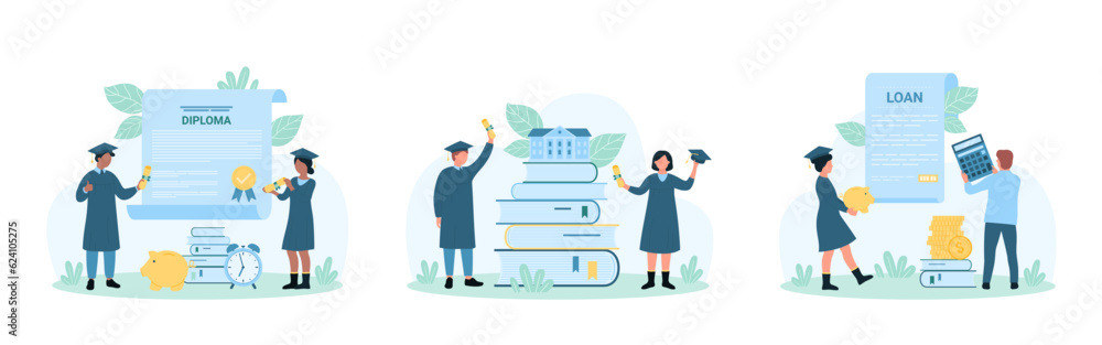 Graduation set vector illustration. Cartoon tiny graduates achieve end of education and study, people in caps and academic gowns celebrate diploma, hold money and calculator for students loan payment