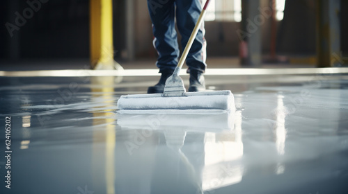 The worker applies gray epoxy resin to the new floor