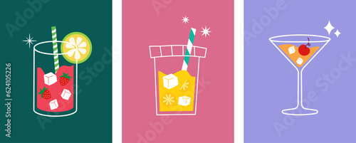 Set of cocktails in different types of glasses. Vector illustration of summer cocktail. hand draw