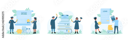 Graduation set vector illustration. Cartoon tiny graduates achieve end of education and study, people in caps and academic gowns celebrate diploma, hold money and calculator for students loan payment