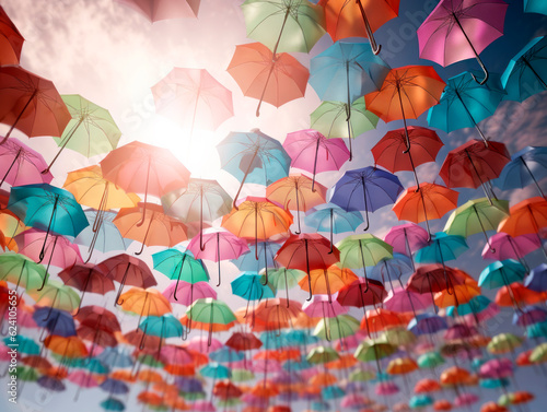 Colorful umbrellas float and fly in sky  rain and sunny weather forecast  Insurance protection Concept. Ai Generative