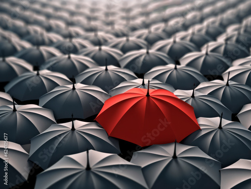 Be different concept  single red umbrella between many black ones on a rainy day. Choice  leadership. Ai Generative