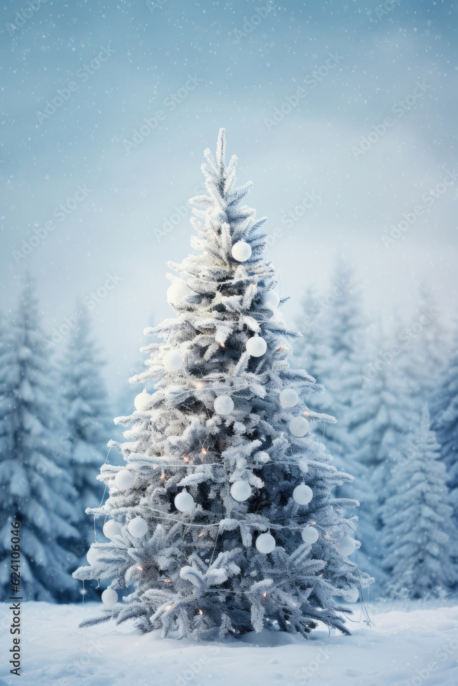 A snowy Christmas tree on a snowy background
