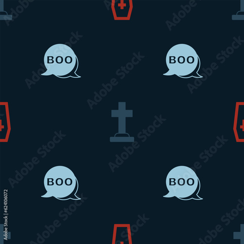 Set Coffin with christian cross, Tombstone and Boo speech bubble on seamless pattern. Vector