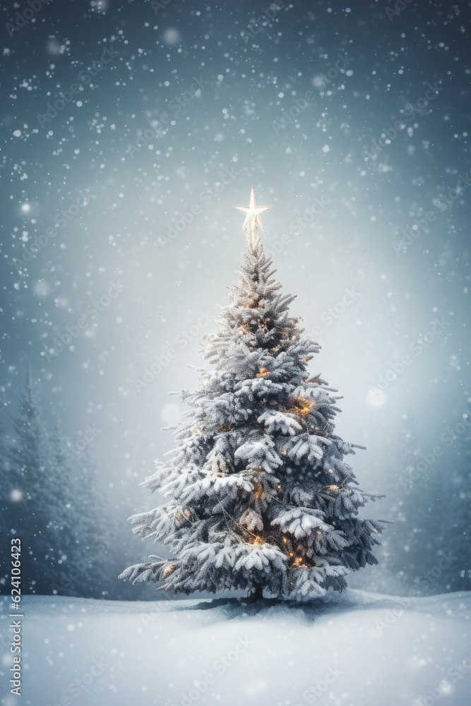A snowy Christmas tree on a snowy background
