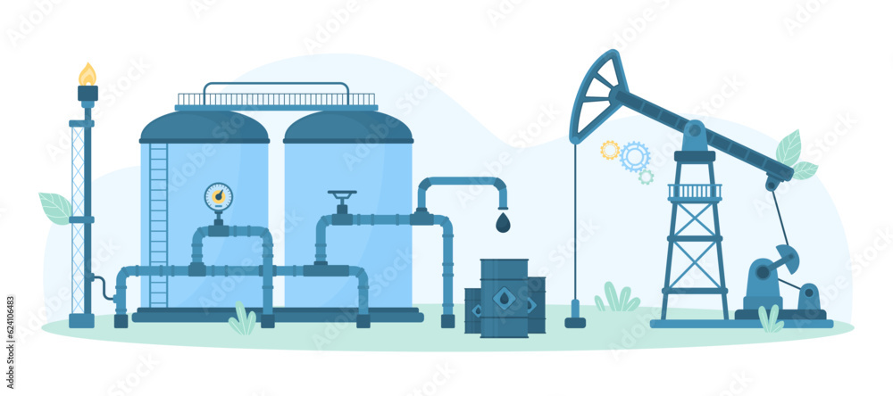 Equipment of oil industry for oilfield exploration and storage vector illustration. Cartoon drilling rig pumpjack for extraction of natural resource, industrial tank with pipeline, pump and tower