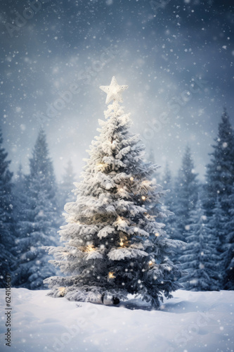 A snowy Christmas tree on a snowy background © Veniamin Kraskov