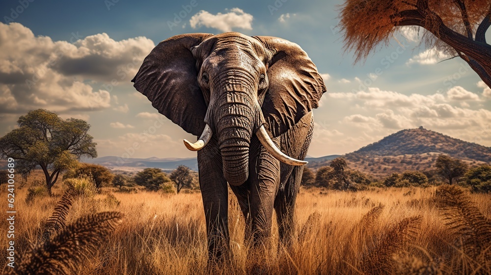 Fototapeta premium Big Elephant on the plains of the Africa AI generated image
