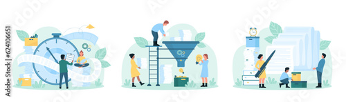 Paperwork set vector illustration. Cartoon tiny people work with endless paper sheet of business contract and bureaucracy documents, throw piles of paper pages into conversion funnel for ideas
