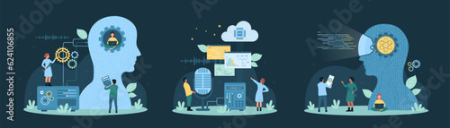Cartoon tiny people work with computers, brain with artificial intelligence and circuit in human head, microphone and voice assistant. AI service and digital network technology set vector illustration