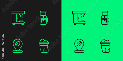 Set line Iced coffee, Location with bean, Coffee machine and Electric grinder icon. Vector