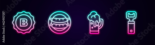 Set line Bottle cap, Sausage, Glass of beer and opener. Glowing neon icon. Vector
