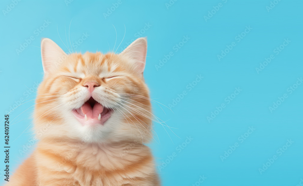 Obraz premium Happy smiling cat on blue green background