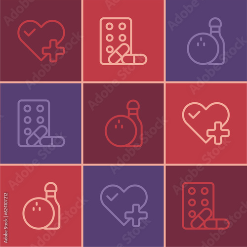 Set line Heart rate, Bowling pin and ball and Sports doping with dumbbell icon. Vector