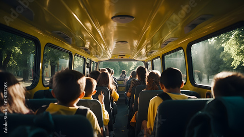 School bus with children, view from the back rows