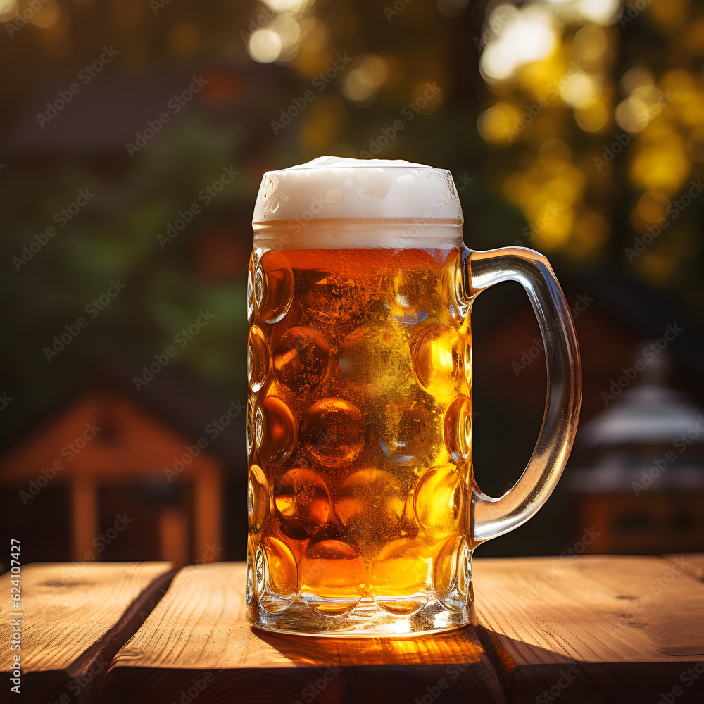 Beer in a beer mug on a wooden table Beer in a beer mug on a wooden table