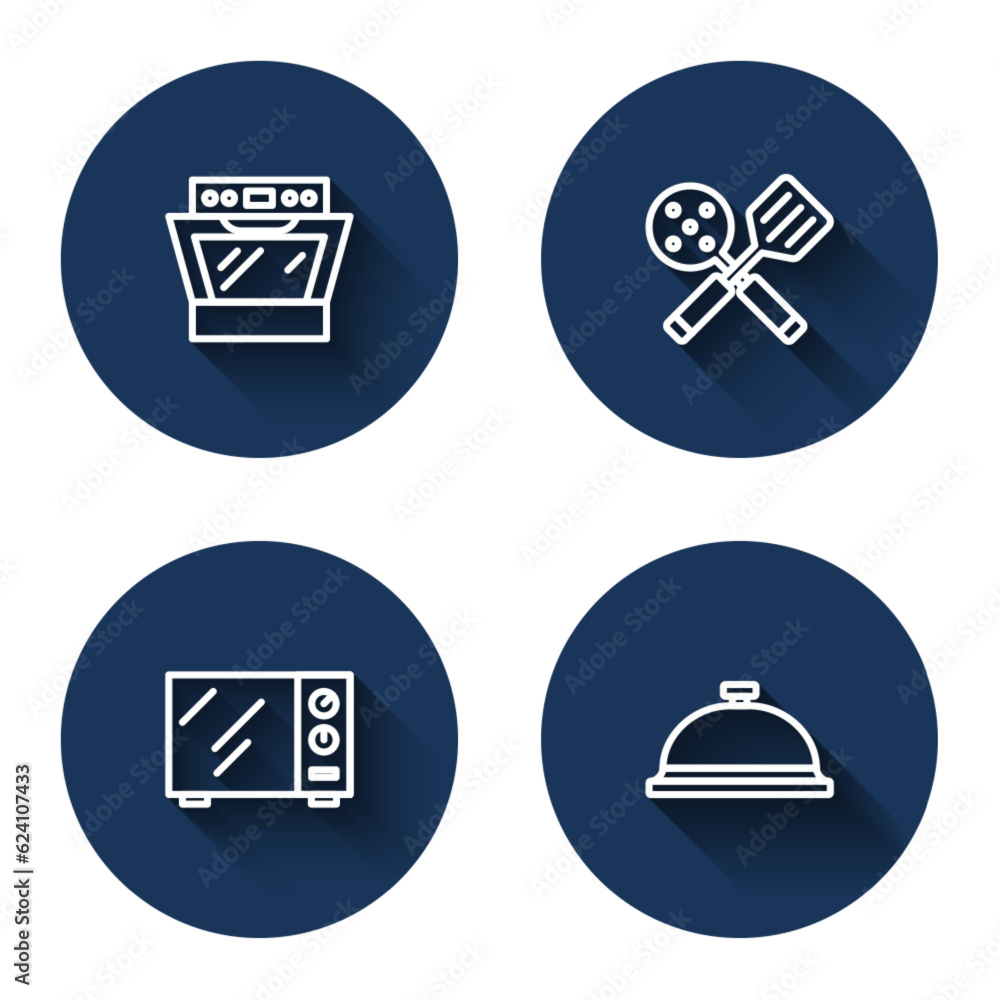 Set line Oven, Spatula, Microwave oven and Covered with tray of food with long shadow. Blue circle button. Vector