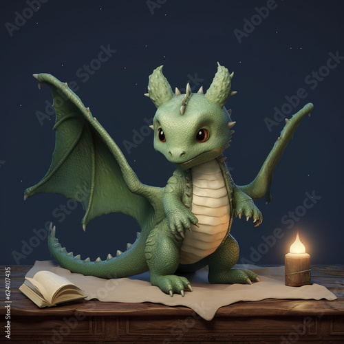 Cute baby green dragon with a book and candle, made with generative AI technology © Danilo