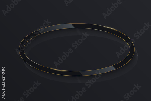 Black glass ellipse with golden frame lines on dark background. Geometric design vector illustration. Empty minimal border, abstract art decoration