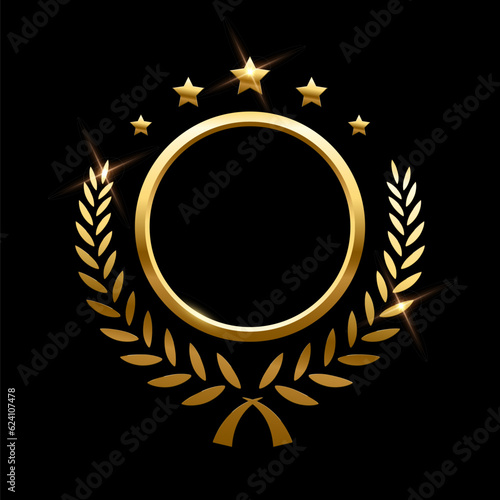 Gold round frame, stars and circular wreath from olive leaf vector illustration. Realistic 3d golden anniversary medal, winner certificate with shine light effect isolated on black background