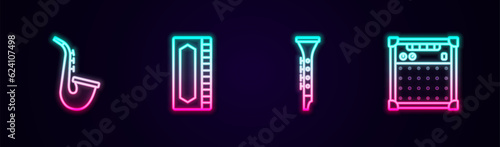 Set line Saxophone, Harmonica, Clarinet and Guitar amplifier. Glowing neon icon. Vector