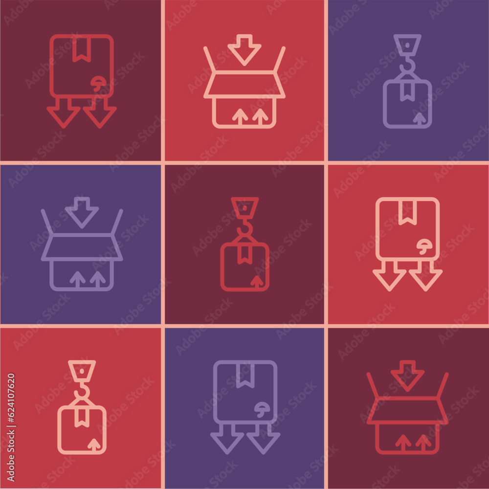 Set line Cardboard box with traffic symbol, Crane cardboard and Carton icon. Vector Set line Cardboard box with traffic symbol, Crane cardboard and Carton icon. Vector