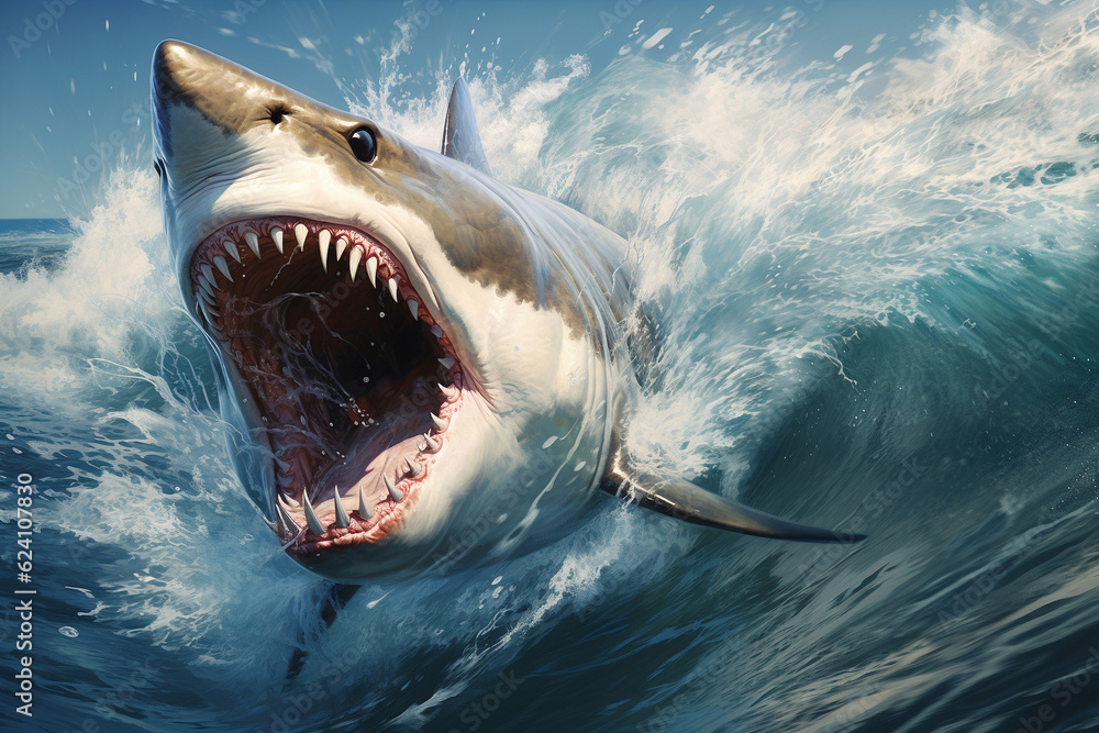 Obraz premium Realistic shark with open mouth and big teeth, in the middle of the ocean. AI generator