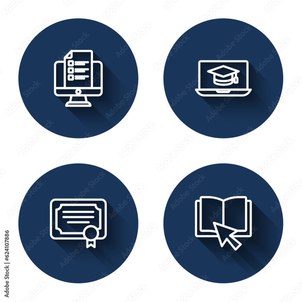 Set line Online quiz, test, survey, Graduation cap on laptop, Certificate template and book with long shadow. Blue circle button. Vector Set line Online quiz, test, survey, Graduation cap on laptop, Certificate template and book with long shadow. Blue circle button. Vector