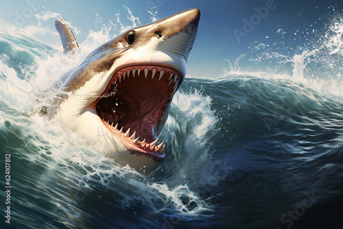 Realistic shark with open mouth  in the middle of the ocean. AI generator 
