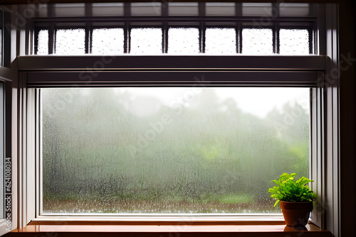 Rainy view from the window in the warm house Generative AI