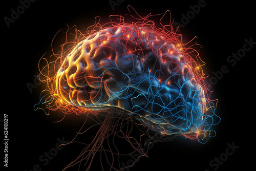 Digital glowing human brain with electrical nerve impulses. AI generated