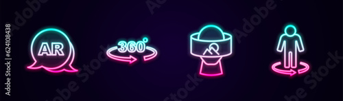 Set line Augmented reality AR, 360 degree view, Virtual glasses and 3d modeling. Glowing neon icon. Vector