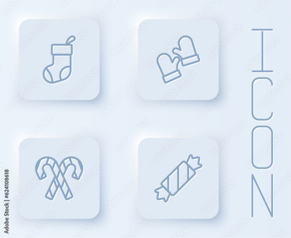 Set line Christmas stocking, mittens, Candy cane with stripes and . White square button. Vector