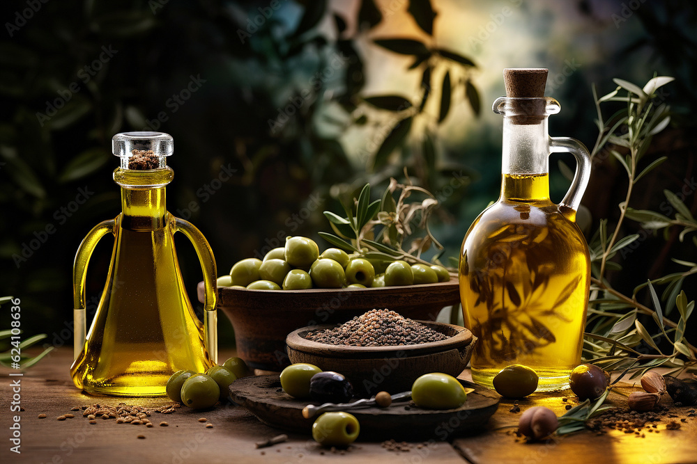 Still life of olives and olive oil bottles on wooden table | AI Still life of olives and olive oil bottles on wooden table | AI