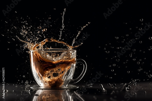 Coffee splash in glass cup on black blackground. ai generated
