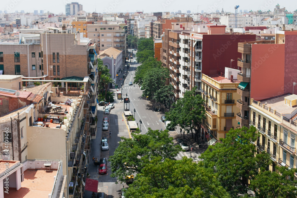 Fototapeta premium Aerial view of road with trees in Valencia, Spain. Green capital of Europe. Cityscape of modern city.
