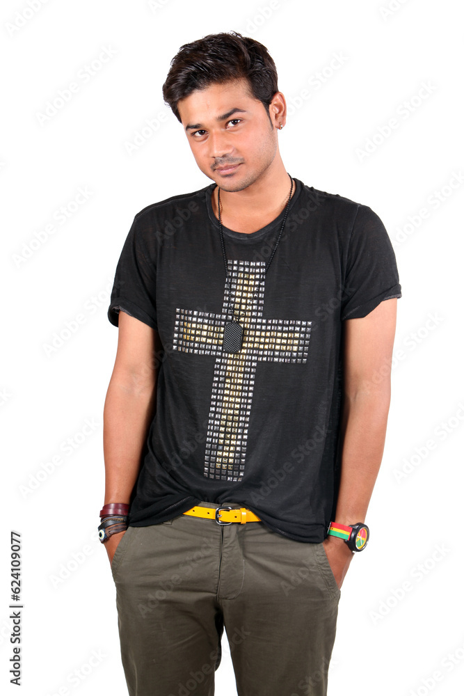 A happy young Indian guy smiling, on white studio background