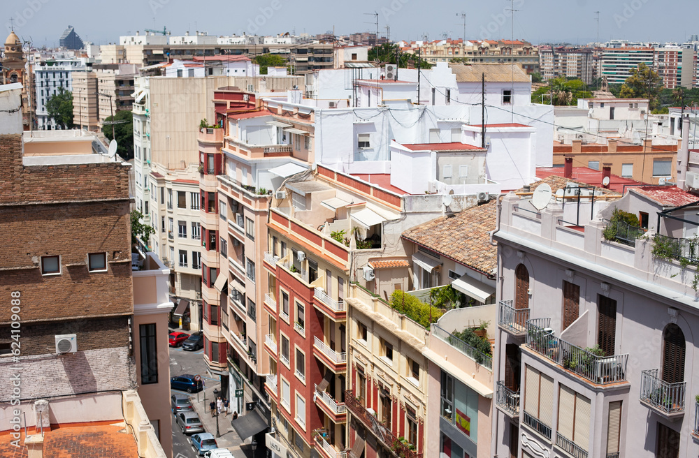 Fototapeta premium Aerial view of Botanic district in Valencia, Spain. Cityscape from above. Heatwave in summer in Europe.