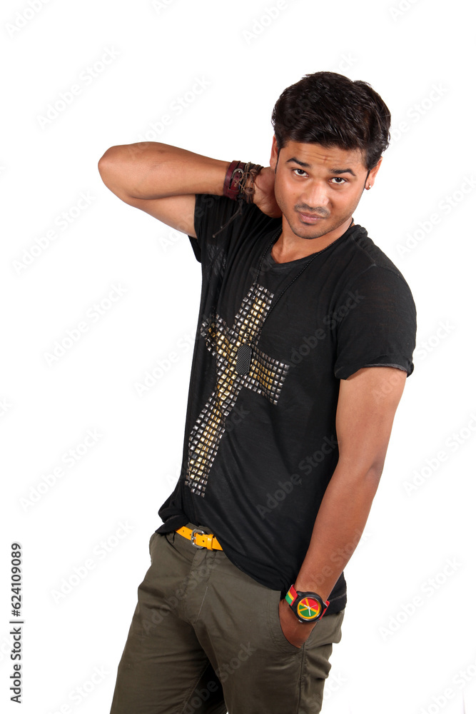 A young handsome Indian guy suffering from neck pain, on white studio background