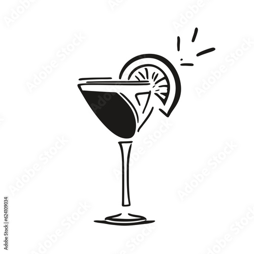 Vesper cocktail. Cocktail vector black and white illustration. Cocktail glass, doodle style. Design for menus, covers, postcards. James Bonds favorite drink 007
