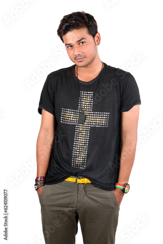 Obraz na płótnie A happy young Indian guy smiling, on white studio background w salonie